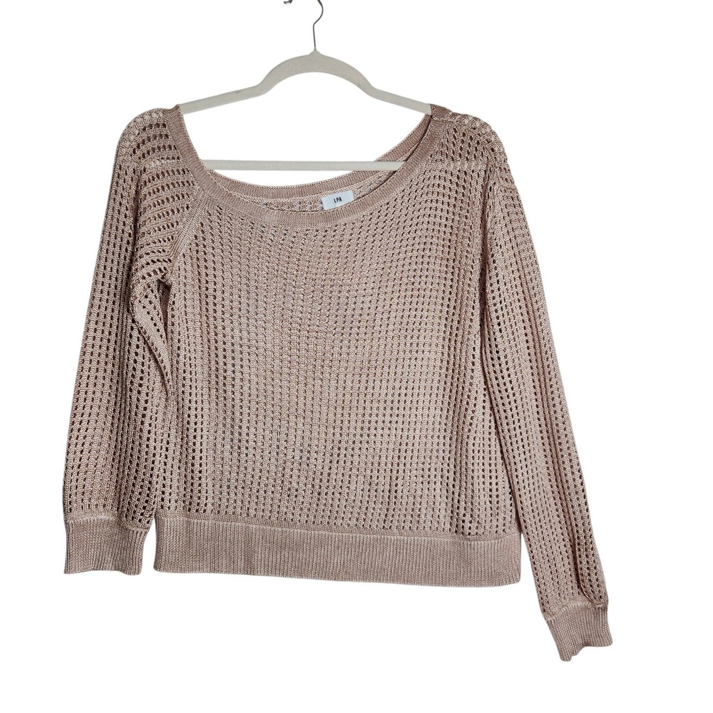 LPA Women XL Metallic Rose Gold Open Knit Off Shoulder Rayon Sweater Top